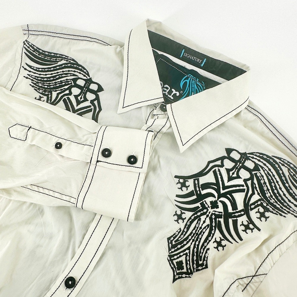 Roar Shirt Mens XL White Tribal Embroidered Button Down Regular Fit Y2K Vintage